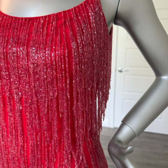 Mac Duggal Red Prom Spaghetti Strap Fringe Beaded Mini Dress Size 2 NEW - Picture 5 of 9
